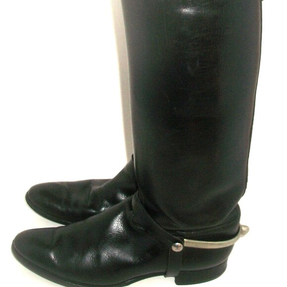 Vintage 80's Handmade Black Leather Bespoke Riding Boots w Metal Spur Harness 9M - Picture 8 of 16
